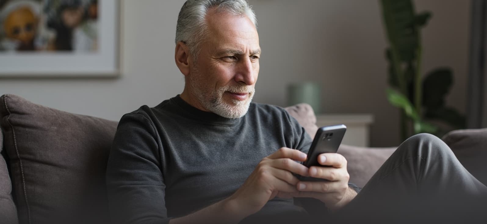 Jim is sitting in his living room and looking at the telephone